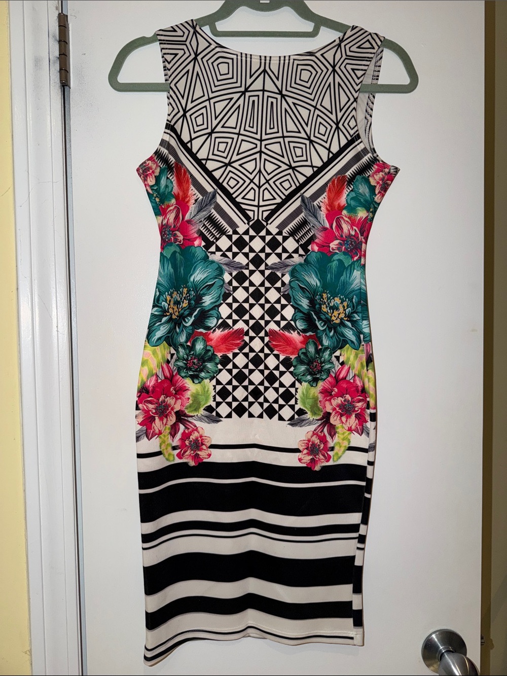 Floral Geo-Print Sleeveless Bodycon Dress - Black/White with Teal & Pink Floral